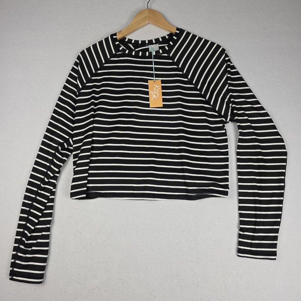 NWT Kona Sol Women XL 16 Black White Stripe LS Swim Top Crop Rash Guard‎ UPF 50+
